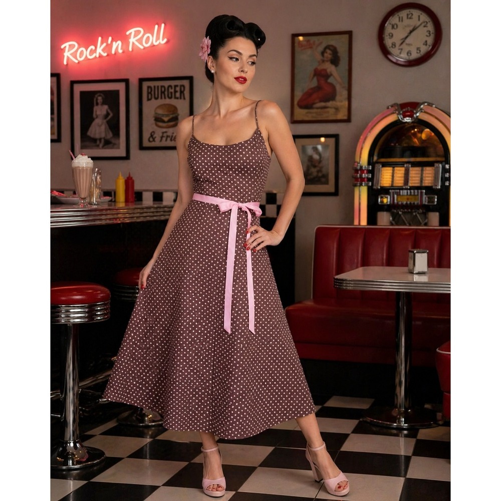Jessica Howard Vintage Brown Polka Dot Midi Dress Pink Ribbon Rockabilly Size 10